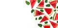 Creative summer food concept. Watermelon pattern. Juicy slices of ripe red watermelon and mint leaves on white background. Flat Royalty Free Stock Photo