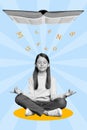 Creative surreal collage of school child meditate harmony learn textbook materials isolated paint color background Royalty Free Stock Photo