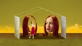Creative surreal design. Contemporary art collage. Young redhead woman choosing today's personality. Inner world and