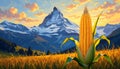 Beautiful Landscape of Golden Corn in Front of Majestic Mountain Range Under Warm Sunset Light Royalty Free Stock Photo