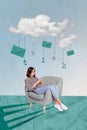 Creative surreal image picture collage of lady using smart cell gadget blogging receive send emails from letters Royalty Free Stock Photo