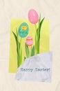 Creative surreal weird invitation collage of green plants with blossom painting easter eggs flowers celebrate happy