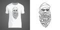 Creative t-shirt design with illustration of Santa in sunglasses with big beard. Lettering Merry Christmas in form of