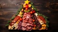 Creative table setting for the holiday, a Christmas tree made of food. Cheese sausage and various vegetables. Wooden