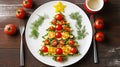 Creative table setting for the holiday, a Christmas tree made of food. Omelet with Tomatoes, fresh herbs on a plate and Royalty Free Stock Photo