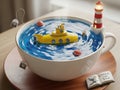 Creative tea cup with yellow submarine and lighthouse isolated on white background Royalty Free Stock Photo