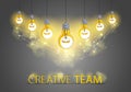 Creative team concept, group of five shining light bulbs represents idea of creative people teamwork having ideas working together Royalty Free Stock Photo