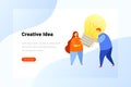 Creative Team Idea Solution Innovation concept. Man and woman holding lamp in hands Flat vector illustration. Landing Page design