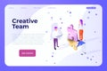 Creative Team web design page template, vector. Creative isometric people make a brainstorming with puzzle 3d elements Royalty Free Stock Photo