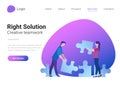 Creative Teamwork Business People with Puzzle parts Flat style vector illustration landing page banner. Right Solution Finance