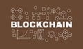 Creative technology banner made with block chain icons and word BLOCKCHAIN inside on brown background