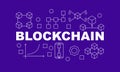 Creative technology banner made with block chain icons and word BLOCKCHAIN inside on purple background