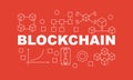 Creative technology banner made with block chain icons and word BLOCKCHAIN inside on red background