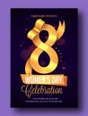 Creative Template or Card Design with Stylish 8 Number Made by Glossy Golden Ribbon for Happy Women\'s Day Royalty Free Stock Photo