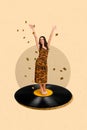 Creative template collage of beautiful pop star lady enjoying dance singing on turntable plate greeting fans with