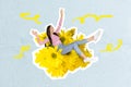 Creative template collage of excited lady enjoying sitting soft weird strange armchair with yellow daisy