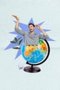 Creative template collage of young guy dancing careless eco activist globus sphere planet environment clean isolated on