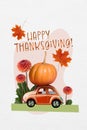 Creative template festive collage of family drive in car for thanksgiving gathering carry big pumpkin