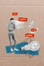 Creative template magazine collage of depressed worker guy look broken light bulb have no idea work task Royalty Free Stock Photo