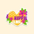 Creative text Hippie Time with heart and flowers, cute sticker in bright colors, fashion patch, badge in cartoon style