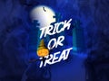 Creative text Trick OR Treat with scary pumpkin and haunted house on full moon smoky background.