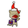 A creative textured cartoon of a cat with christmas present wearing santa hat