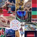 A creative themed mood board with inspiring color gradients in blues, browns and reds. Oriental color, coffee, patterns