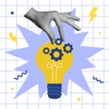 Creative thinking, brainstorm, creative mind concept. Hand holding gear, bulb lamp