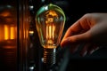 Creative toggle switches Womans hand activates idea bulb symbol, representing innovation