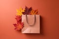 Creative top view, autumn composition, shopping bag, orange leaves, background, copy space, template, layout, autumn harvest,