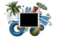 Creative top view of tablet PC with beach summer accessories