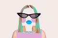 Creative trend artwork collage of fashionable wealthy lady silhouette having expensive necklace blue make up sunglasses