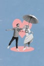 Creative trend banner collage of marriage couple wife husband dating enjoy 14 february walk under pretty parasol Royalty Free Stock Photo