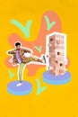 Creative trend collage of angry annoyed irritated young male leg kick jenga tower solve task table game block activity