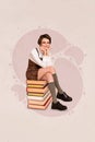 Creative trend collage of attractive young cute student girl uniform sitting pile book smart prepare exam homework