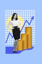 Creative trend collage of confident entrepreneur financier economist manager arrow up aim motivation effort growth pile