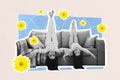 Creative trend collage of cute family mother daughter upside down lying sofa spend time together weird freak bizarre Royalty Free Stock Photo