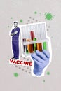 Creative trend collage of doctor scientist laboratory assistant hands sterile gloves hold test tubes create invent Royalty Free Stock Photo