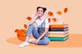 Creative trend collage of dreamy cute charming pupil schoolgirl sitting pile stack book back school year day basketball