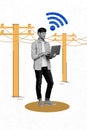 Creative trend collage of entrepreneur man wifi connection programmer coding electricity weird bizarre unusual fantasy Royalty Free Stock Photo