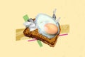 Creative trend collage of fried egg nutrition food bread sandwich young funny female sleeping pajama sleepover hugging
