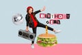 Creative trend collage of funny cool little female celebrate birthday party cool burger food make wish candle magazine Royalty Free Stock Photo