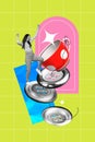 Creative trend collage of funny female enjoy tea time cup button stairs breakfast shopping surreal weird freak bizarre