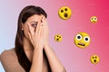 Creative trend collage of funny female hide face frightened amazed terrified emoji emoticon weird freak bizarre unusual Royalty Free Stock Photo