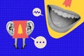 Creative trend collage of funny friends colleagues gossip mouth big ears listening billboard comics zine minimal concept
