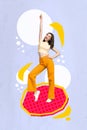 Creative trend collage of funny funky positive pretty young woman dancing boogie woogie have fun party disco summer