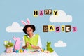 Creative trend collage of girl drawing handmade paint eggs celebrate easter holiday traditional invitation billboard Royalty Free Stock Photo