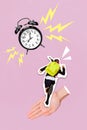 Creative trend collage of hand palm holding small pupil schoolgirl running rushing school clock bell ring lesson start