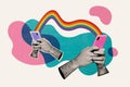 Creative trend collage of hands hold telephone device lgbt rainbow date connection message concept weird freak bizarre Royalty Free Stock Photo