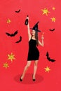 Creative trend collage of happy celebrating young attractive witch raise bottle vine champagne alcohol enjoy party have